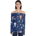 Cute Astronaut Cat With Star Galaxy Elements Seamless Pattern Off Shoulder Long Sleeve Top View1