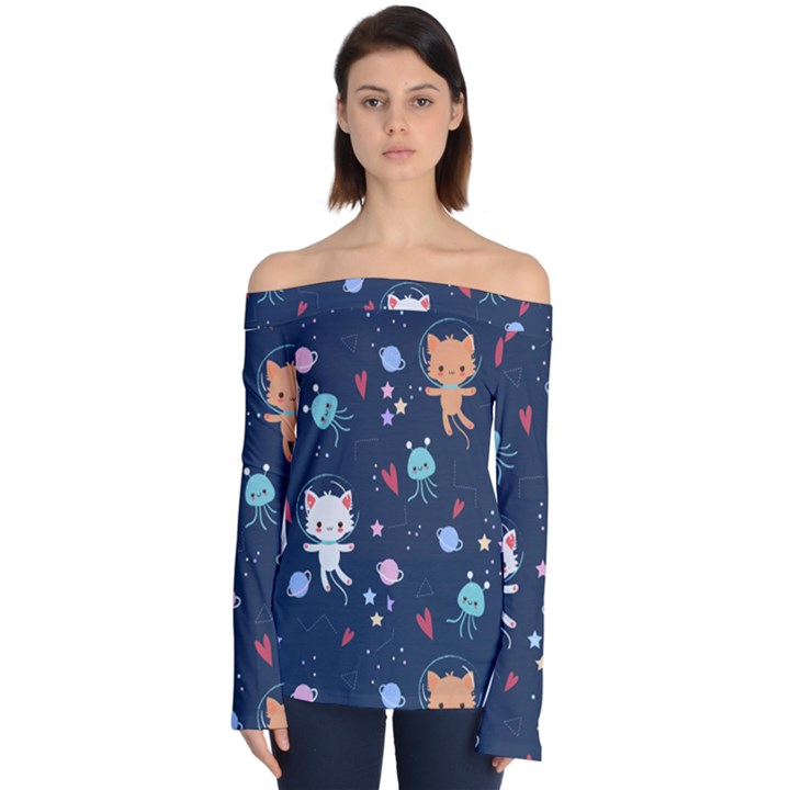 Cute Astronaut Cat With Star Galaxy Elements Seamless Pattern Off Shoulder Long Sleeve Top