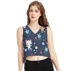 Cute Astronaut Cat With Star Galaxy Elements Seamless Pattern V-neck Cropped Tank Top by Grandong