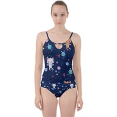 Cute Astronaut Cat With Star Galaxy Elements Seamless Pattern Cut Out Top Tankini Set by Grandong