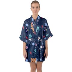 Cute Astronaut Cat With Star Galaxy Elements Seamless Pattern Half Sleeve Satin Kimono  by Grandong