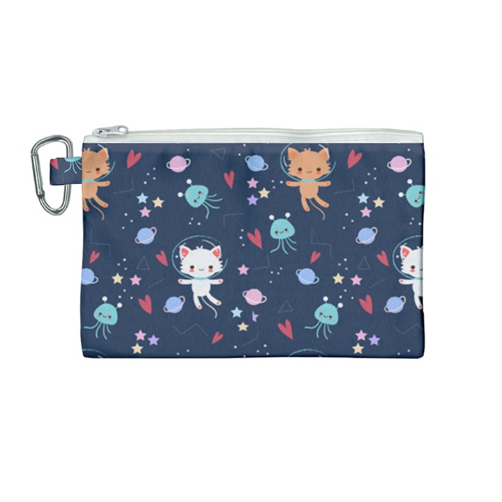 Cute Astronaut Cat With Star Galaxy Elements Seamless Pattern Canvas Cosmetic Bag (Medium)