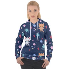 Cute Astronaut Cat With Star Galaxy Elements Seamless Pattern Women s Overhead Hoodie