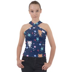 Cute Astronaut Cat With Star Galaxy Elements Seamless Pattern Cross Neck Velour Top by Grandong