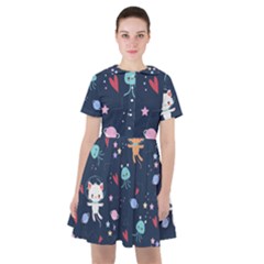 Cute Astronaut Cat With Star Galaxy Elements Seamless Pattern Sailor Dress by Grandong