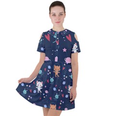 Cute Astronaut Cat With Star Galaxy Elements Seamless Pattern Short Sleeve Shoulder Cut Out Dress  by Grandong