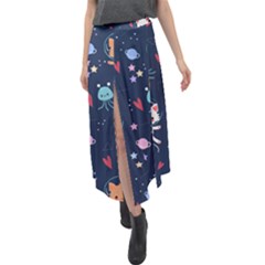 Cute Astronaut Cat With Star Galaxy Elements Seamless Pattern Velour Split Maxi Skirt by Grandong