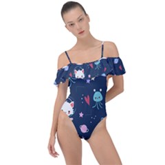 Cute Astronaut Cat With Star Galaxy Elements Seamless Pattern Frill Detail One Piece Swimsuit by Grandong