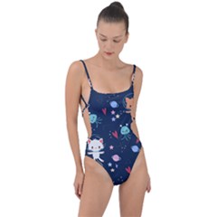 Cute Astronaut Cat With Star Galaxy Elements Seamless Pattern Tie Strap One Piece Swimsuit by Grandong