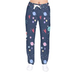 Cute Astronaut Cat With Star Galaxy Elements Seamless Pattern Women Velvet Drawstring Pants by Grandong