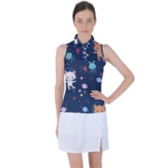 Cute Astronaut Cat With Star Galaxy Elements Seamless Pattern Women s Sleeveless Polo T-shirt by Grandong