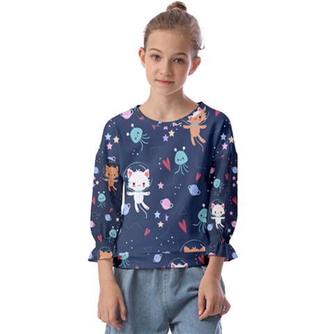 Cute Astronaut Cat With Star Galaxy Elements Seamless Pattern Kids  Cuff Sleeve Top by Grandong