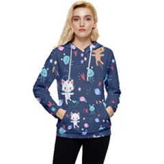 Cute Astronaut Cat With Star Galaxy Elements Seamless Pattern Women s Lightweight Drawstring Hoodie by Grandong