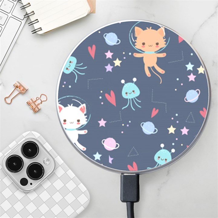 Cute Astronaut Cat With Star Galaxy Elements Seamless Pattern Wireless Fast Charger(White)