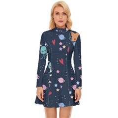 Cute Astronaut Cat With Star Galaxy Elements Seamless Pattern Long Sleeve Velour Longline Dress by Grandong