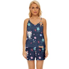 Cute Astronaut Cat With Star Galaxy Elements Seamless Pattern V-neck Satin Pajamas Set by Grandong