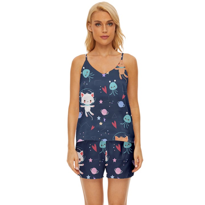 Cute Astronaut Cat With Star Galaxy Elements Seamless Pattern V-Neck Satin Pajamas Set