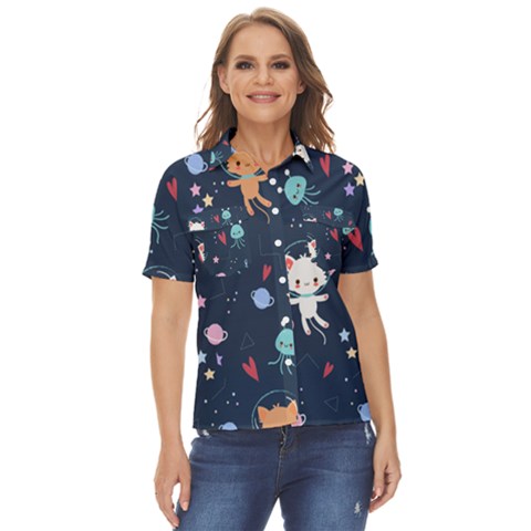 Cute Astronaut Cat With Star Galaxy Elements Seamless Pattern Women s Short Sleeve Double Pocket Shirt by Grandong