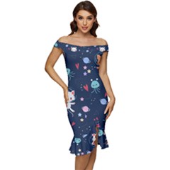 Cute Astronaut Cat With Star Galaxy Elements Seamless Pattern Off Shoulder Ruffle Split Hem Bodycon Dress by Grandong