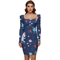 Cute Astronaut Cat With Star Galaxy Elements Seamless Pattern Women Long Sleeve Ruched Stretch Jersey Dress by Grandong