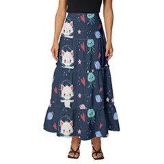 Cute Astronaut Cat With Star Galaxy Elements Seamless Pattern Tiered Ruffle Maxi Skirt by Grandong