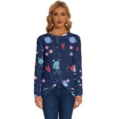 Cute Astronaut Cat With Star Galaxy Elements Seamless Pattern Long Sleeve Crew Neck Pullover Top by Grandong