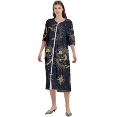 Asian Set With Clouds Moon Sun Stars Vector Collection Oriental Chinese Japanese Korean Style Women s Cotton 3/4 Sleeve Night Gown by Grandong