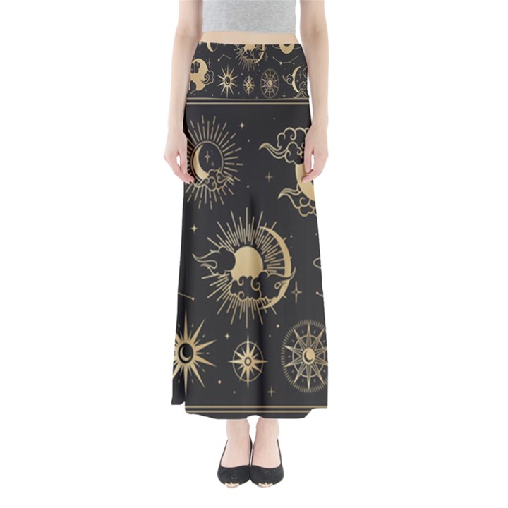 Asian Set With Clouds Moon Sun Stars Vector Collection Oriental Chinese Japanese Korean Style Full Length Maxi Skirt