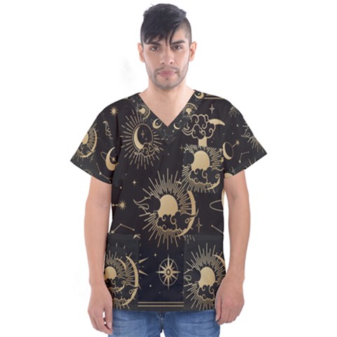 Asian Set With Clouds Moon Sun Stars Vector Collection Oriental Chinese Japanese Korean Style Men s V-neck Scrub Top by Grandong