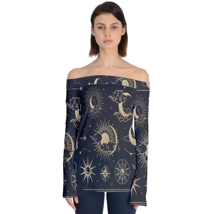 Asian Set With Clouds Moon Sun Stars Vector Collection Oriental Chinese Japanese Korean Style Off Shoulder Long Sleeve Top