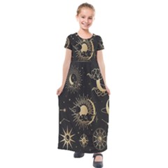 Asian Set With Clouds Moon Sun Stars Vector Collection Oriental Chinese Japanese Korean Style Kids  Short Sleeve Maxi Dress by Grandong