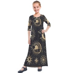 Asian Set With Clouds Moon Sun Stars Vector Collection Oriental Chinese Japanese Korean Style Kids  Quarter Sleeve Maxi Dress by Grandong