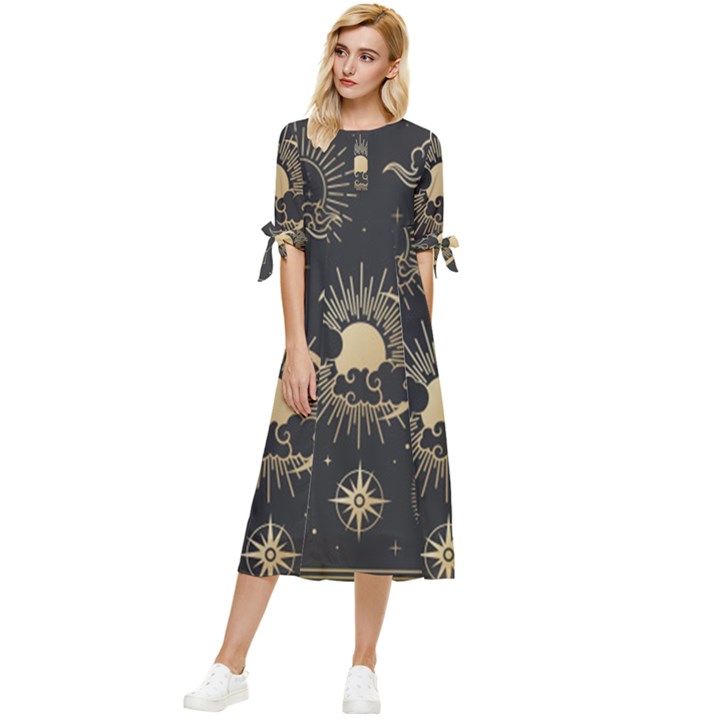 Asian Set With Clouds Moon Sun Stars Vector Collection Oriental Chinese Japanese Korean Style Bow Sleeve Chiffon Midi Dress