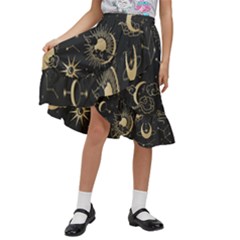 Asian Set With Clouds Moon Sun Stars Vector Collection Oriental Chinese Japanese Korean Style Kids  Ruffle Flared Wrap Midi Skirt by Grandong