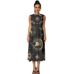 Asian Set With Clouds Moon Sun Stars Vector Collection Oriental Chinese Japanese Korean Style Sleeveless Round Neck Midi Dress by Grandong