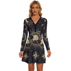 Asian Set With Clouds Moon Sun Stars Vector Collection Oriental Chinese Japanese Korean Style Long Sleeve Deep V Mini Dress  by Grandong