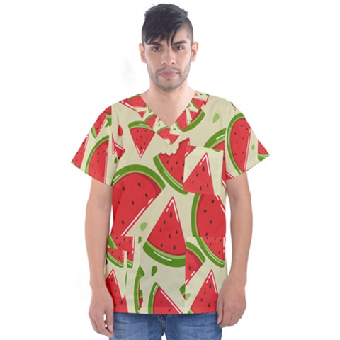 Cute Watermelon Seamless Pattern Men s V-neck Scrub Top by Grandong