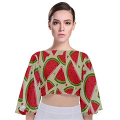 Cute Watermelon Seamless Pattern Tie Back Butterfly Sleeve Chiffon Top