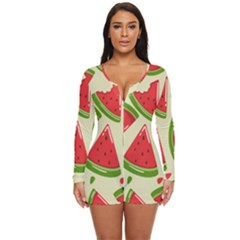 Cute Watermelon Seamless Pattern Long Sleeve Boyleg Swimsuit