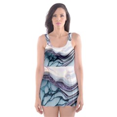 Marble Abstract White Pink Dark Skater Dress Swimsuit by Grandong