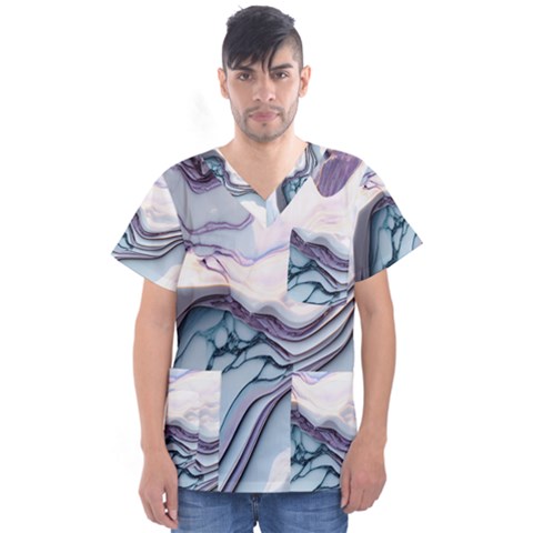 Marble Abstract White Pink Dark Men s V-neck Scrub Top by Grandong