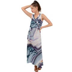 Marble Abstract White Pink Dark V-neck Chiffon Maxi Dress by Grandong