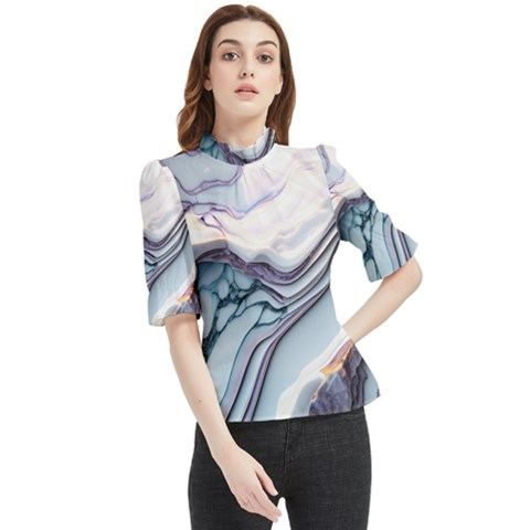 Marble Abstract White Pink Dark Frill Neck Blouse by Grandong