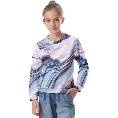 Marble Abstract White Pink Dark Kids  Long Sleeve T-shirt With Frill  by Grandong