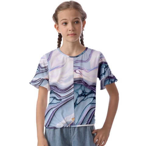 Marble Abstract White Pink Dark Kids  Cuff Sleeve Scrunch Bottom T-shirt by Grandong