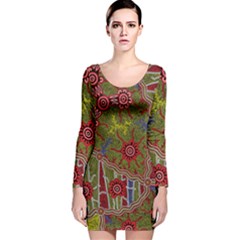 Authentic Aboriginal Art - Connections Long Sleeve Velvet Bodycon Dress