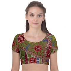 Authentic Aboriginal Art - Connections Velvet Short Sleeve Crop Top  by hogartharts