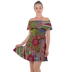 Authentic Aboriginal Art - Connections Off Shoulder Velour Dress by hogartharts