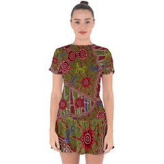 Authentic Aboriginal Art - Connections Drop Hem Mini Chiffon Dress by hogartharts