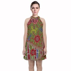 Authentic Aboriginal Art - Connections Velvet Halter Neckline Dress 